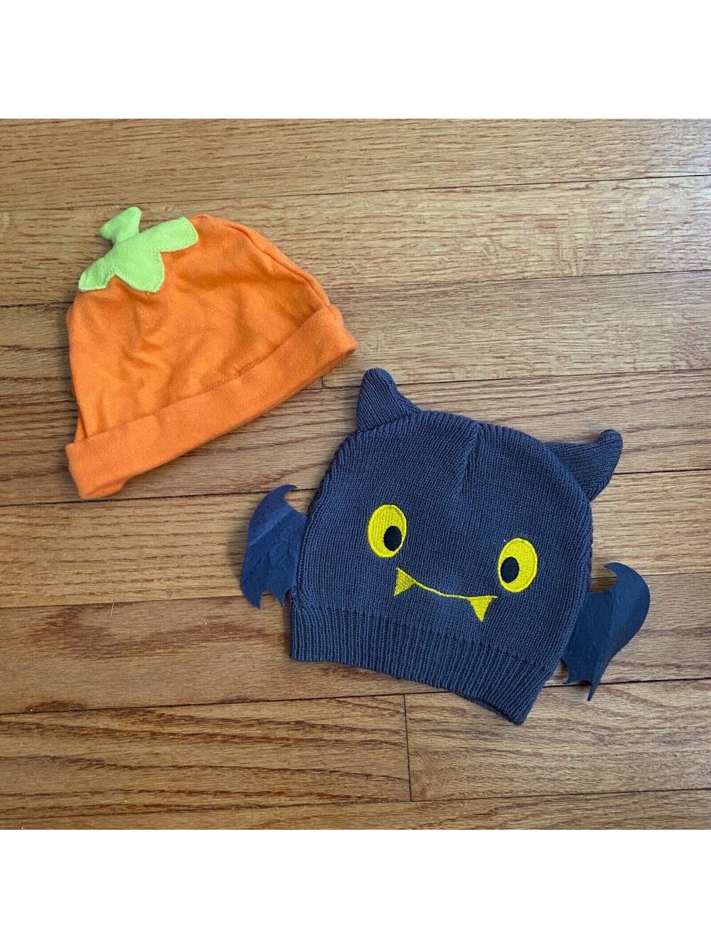 Two 6-12 Month Baby Halloween Hats Pumpkin Bat Unisex Costume